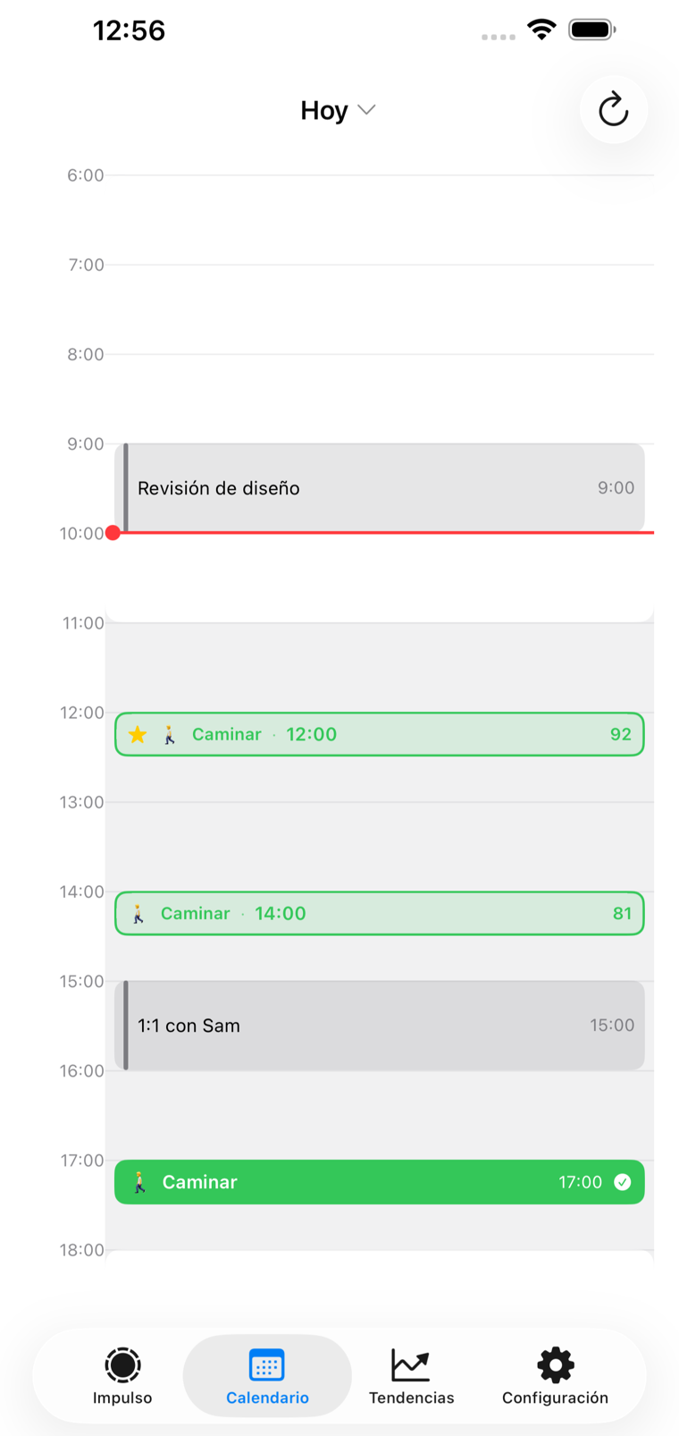 La pestaña Calendario de I get movin: la línea de tiempo del día con una revisión de diseño y una reunión 1:1 en gris, una caminata reservada a las 12:26 en verde sólido, dos horarios candidatos con puntajes de 92 y 81, y una línea roja que marca la hora actual.