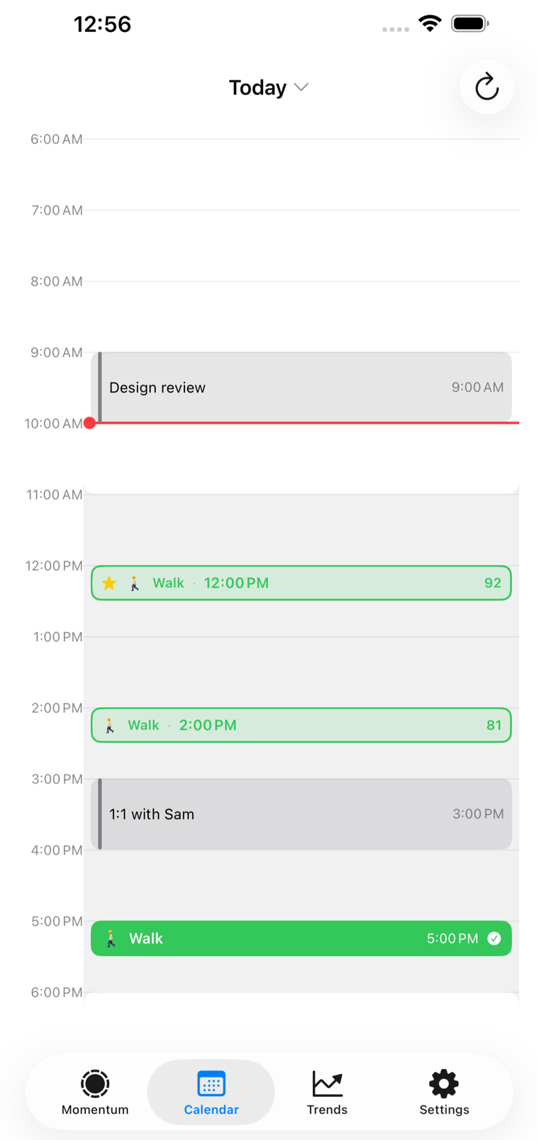 The Calendar tab in I get movin: a day timeline with a design review and a 1:1 in grey, a walk booked at 12:26 PM in solid green, two candidate walk slots scored 92 and 81, and a red line marking the current time.